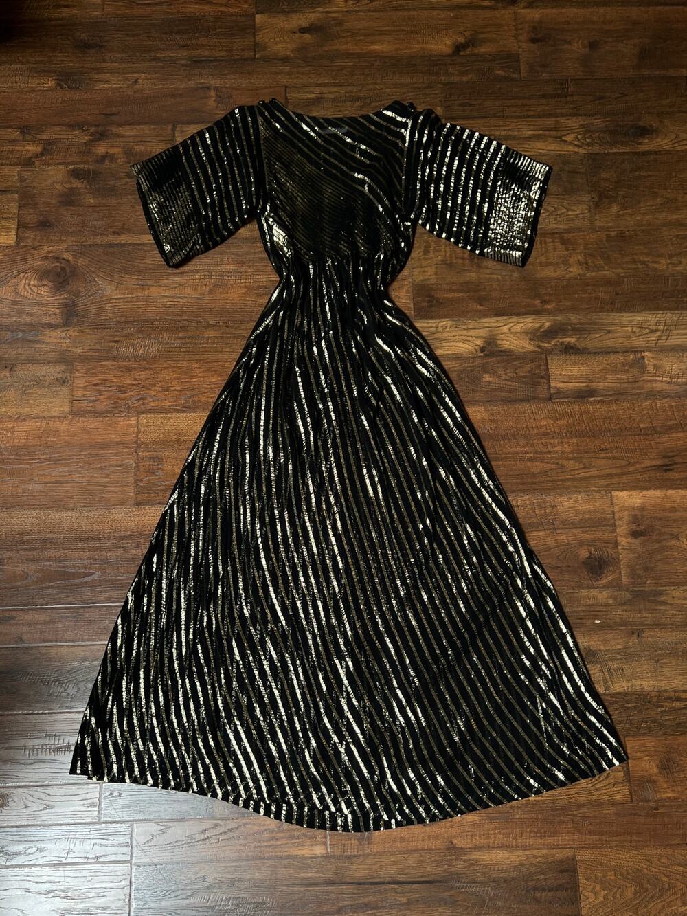 VTG Albert Nipon Maxi Dress Metallic Gold Sheer Black Butterfly Sleeve Gown MED